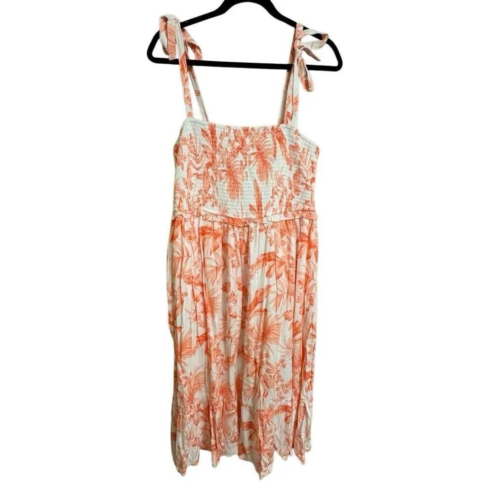 Torrid Coral Orange Tropical Midi Smocked Tie Strap Vacation Luau Dress 1X NWT